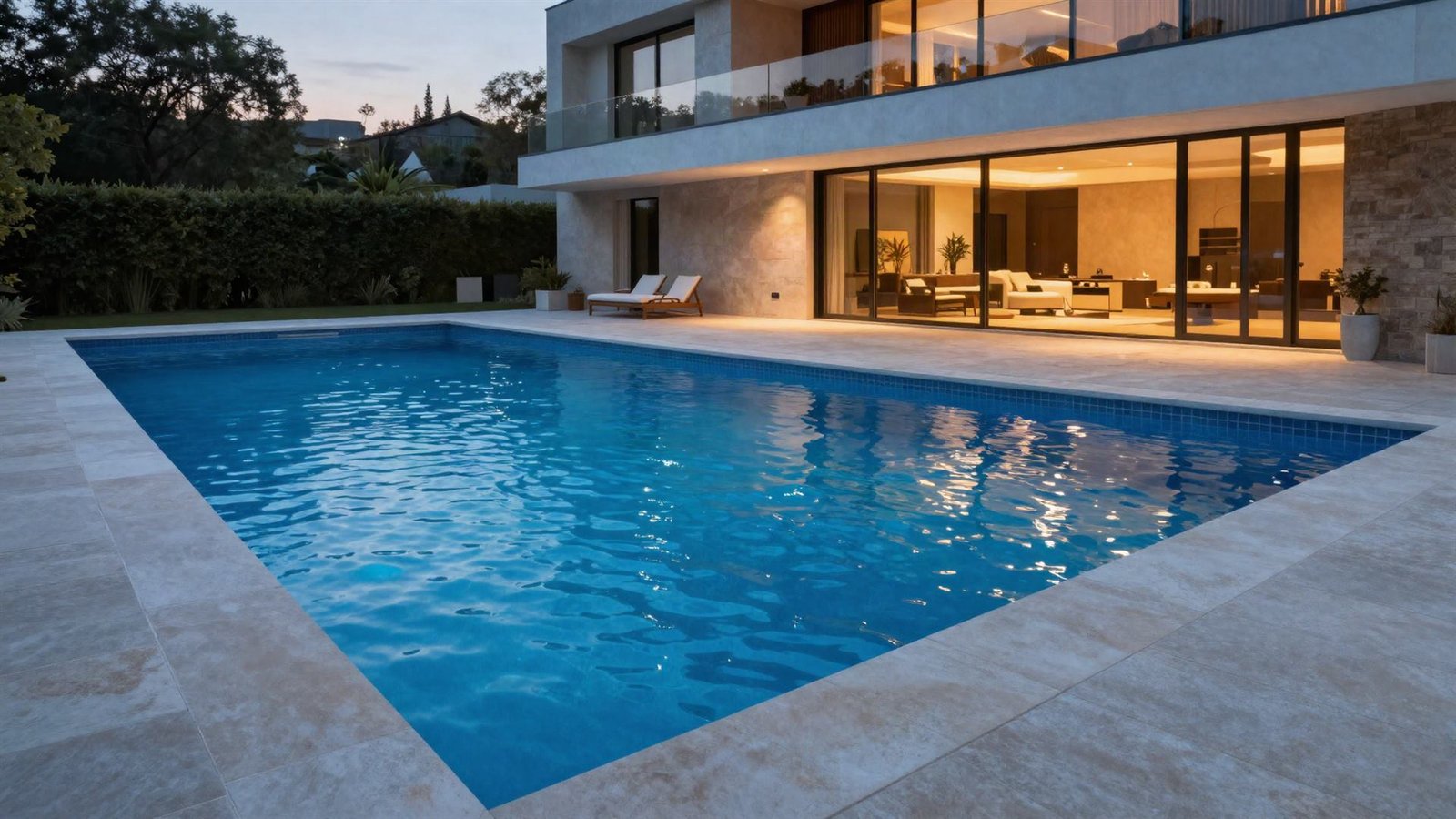 Piscina residencial sofisticada com água azul cristalina ao entardecer